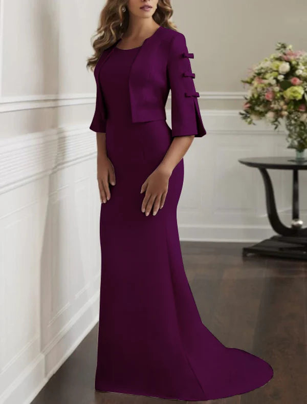 Luolandi Two Piece Sheath / Column Mother of the Bride Dress Elegant With Jacket 3/4 Sleeve Scoop Neck Sweep / Brush Train Fabric Bow(s)